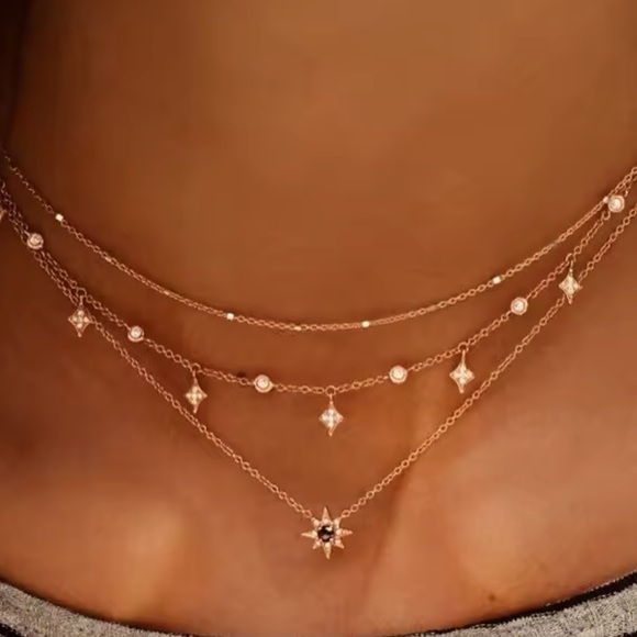 Northern Star Boho Gold Triple Layered Diamond Cz Necklace 39$